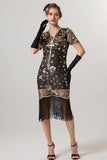 Vestido negro brillante con flecos dorados con escote en V de la década de 1920 con mangas cortas