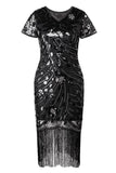 Vestido negro brillante con flecos dorados con escote en V de la década de 1920 con mangas cortas