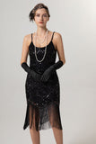 Vestido Flapper de lentejuelas de lentejuelas doradas negras de la década de 1920 con borlas