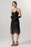 Vestido Flapper de lentejuelas de lentejuelas doradas negras de la década de 1920 con borlas