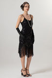 Vestido Flapper de lentejuelas de lentejuelas doradas negras de la década de 1920 con borlas