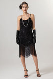 Vestido Flapper de lentejuelas de lentejuelas doradas negras de la década de 1920 con borlas