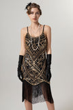 Vestido Flapper de lentejuelas de lentejuelas doradas negras de la década de 1920 con borlas