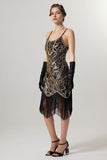 Vestido Flapper de lentejuelas de lentejuelas doradas negras de la década de 1920 con borlas