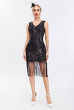 Vestido de Gatsby de la década de 1920 con escote en V dorado brillante con borlas