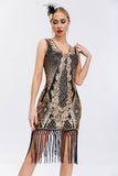 Vestido de Gatsby de la década de 1920 con escote en V dorado brillante con borlas