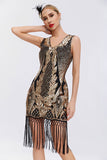 Vestido de Gatsby de la década de 1920 con escote en V dorado brillante con borlas