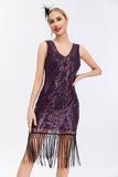 Vestido de Gatsby de la década de 1920 con escote en V dorado brillante con borlas