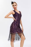 Vestido de Gatsby de la década de 1920 con escote en V dorado brillante con borlas