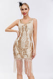 Vestido de Gatsby de la década de 1920 con escote en V dorado brillante con borlas