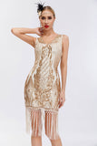Vestido de Gatsby de la década de 1920 con escote en V dorado brillante con borlas