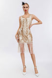 Vestido de Gatsby de la década de 1920 con escote en V dorado brillante con borlas