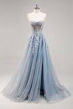 Azul empolvado Una línea sin tirantes Corsé transparente con cuentas Vestido de fiesta largo con abertura