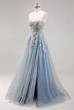 Azul empolvado Una línea sin tirantes Corsé transparente con cuentas Vestido de fiesta largo con abertura