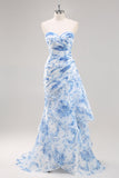 Vestido de fiesta floral blanco sirena blanco azul