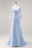 Vestido de sirena de la Madre de la Novia con aplíquios azul celeste y cuello en V con mangas