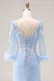 Vestido de sirena de la Madre de la Novia con aplíquios azul celeste y cuello en V con mangas