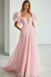 Vestido formal largo rosa con volantes y mangas A Line Sweetheart