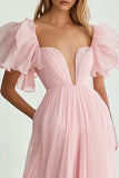 Vestido formal largo rosa con volantes y mangas A Line Sweetheart