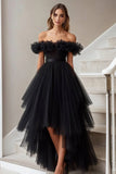 Vestido formal de tul negro A Line Off the Shoulder con volantes
