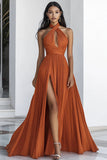 Vestido formal largo plisado naranja de una línea