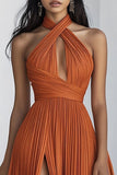 Vestido formal largo plisado naranja de una línea