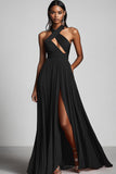 Vestido Fomal largo plisado negro de una línea con abertura