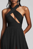 Vestido Fomal largo plisado negro de una línea con abertura