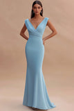 Vestido formal largo con escote en V fruncido azul cielo