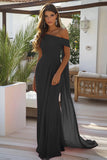 Vestido formal largo de gasa negro de un solo hombro