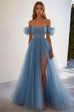 Gris Azul A Line Tulle Vestido Formal Largo con Abertura