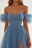 Gris Azul A Line Tulle Vestido Formal Largo con Abertura