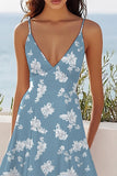 Azul Blanco Flor Una línea Vestido boho midi con escote en V