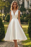 A Line V Neck Vestido midi midi blanco de satén