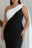 Vestido formal largo de talla grande de un solo hombro en blanco y negro con serpentina