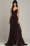 Tirantes de espagueti marrón oscuro Vestido formal con volantes de una línea