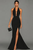 Vestido formal largo de satén halter negro sirena con abertura