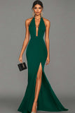 Vestido formal largo de satén halter negro sirena con abertura