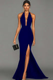 Vestido formal largo de satén halter negro sirena con abertura