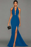 Vestido formal largo de satén halter negro sirena con abertura