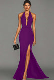 Vestido formal largo de satén halter negro sirena con abertura