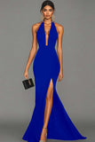 Vestido formal largo de satén halter negro sirena con abertura
