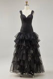 Vestido formal negro de organza con volantes alto y bajo