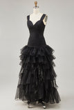 Vestido formal negro de organza con volantes alto y bajo