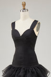Vestido formal negro de organza con volantes alto y bajo