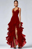 Vestido formal negro de organza con volantes alto y bajo
