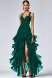 Vestido formal negro de organza con volantes alto y bajo