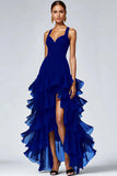 Vestido formal negro de organza con volantes alto y bajo