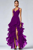 Vestido formal alto y bajo de organza negra de línea A con abertura de volantes