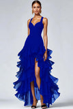 Vestido formal negro de organza con volantes alto y bajo